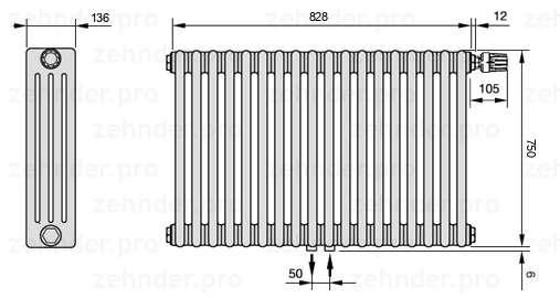 Схема (чертеж) Радиатор Zehnder Charleston 4075/18 №V008 Белый глянцевый RAL 9016